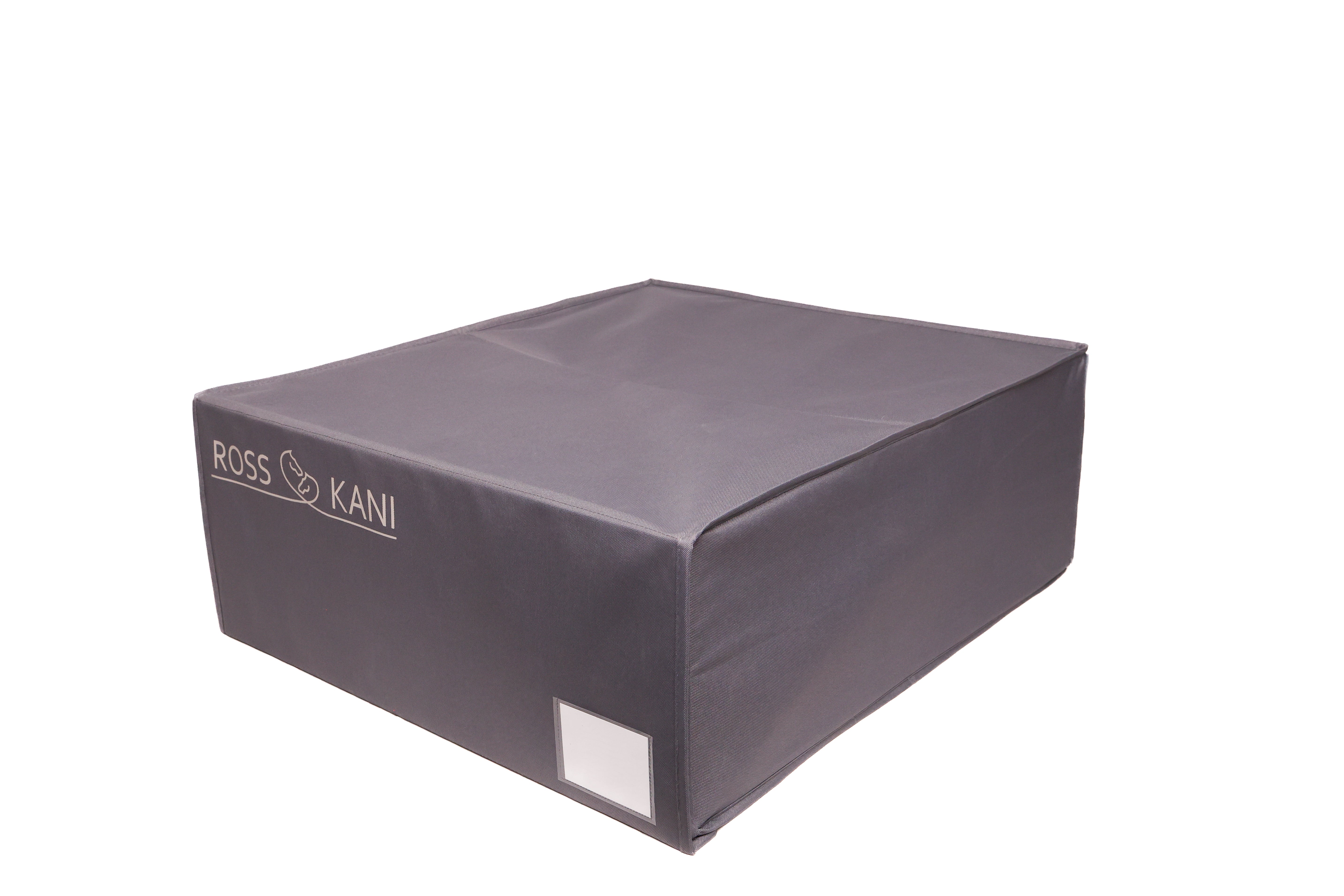 Graue Schabrackenbox von ROSS KANI – zeigt die stabile, geschlossene Form mit Logoaufdruck und Beschriftungsfeld auf der Vorderseite.