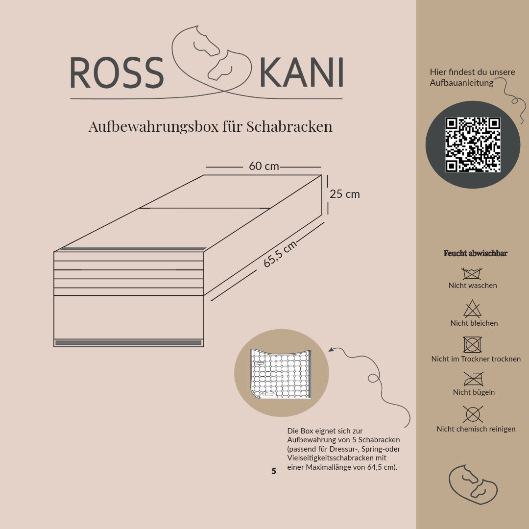 Grafische Darstellung der ROSS KANI Aufbewahrungsbox für Schabracken mit Maßen (60 × 65,5 × 25 cm), Pflegehinweisen und Hinweis zur Aufbewahrung von bis zu fünf Schabracken.