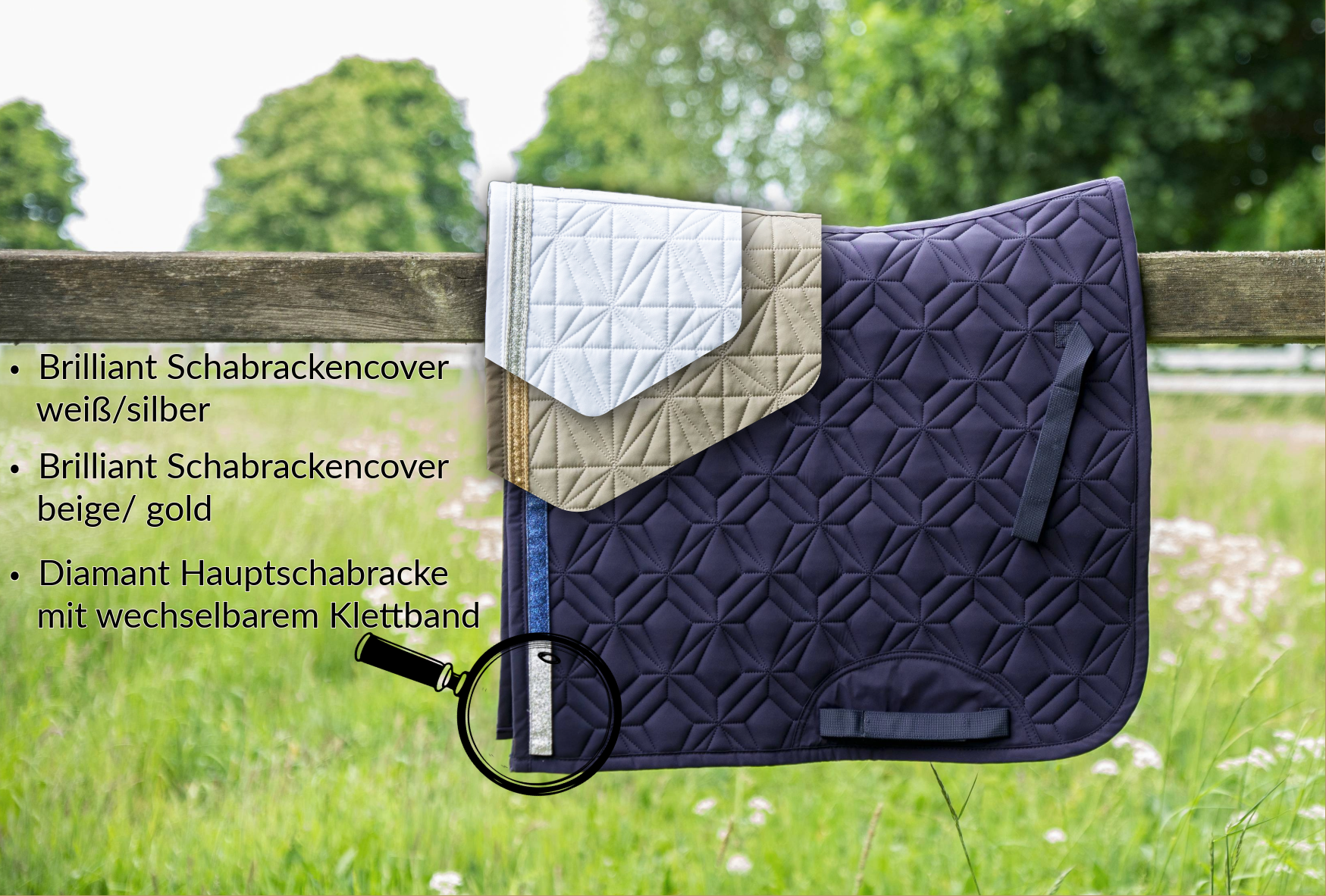 blaue Schabracke von ROSS KANI mit Ausschnitten von unterschiedlichen Covern und Glitzerbändern - variabler Austausch und Designwechsel