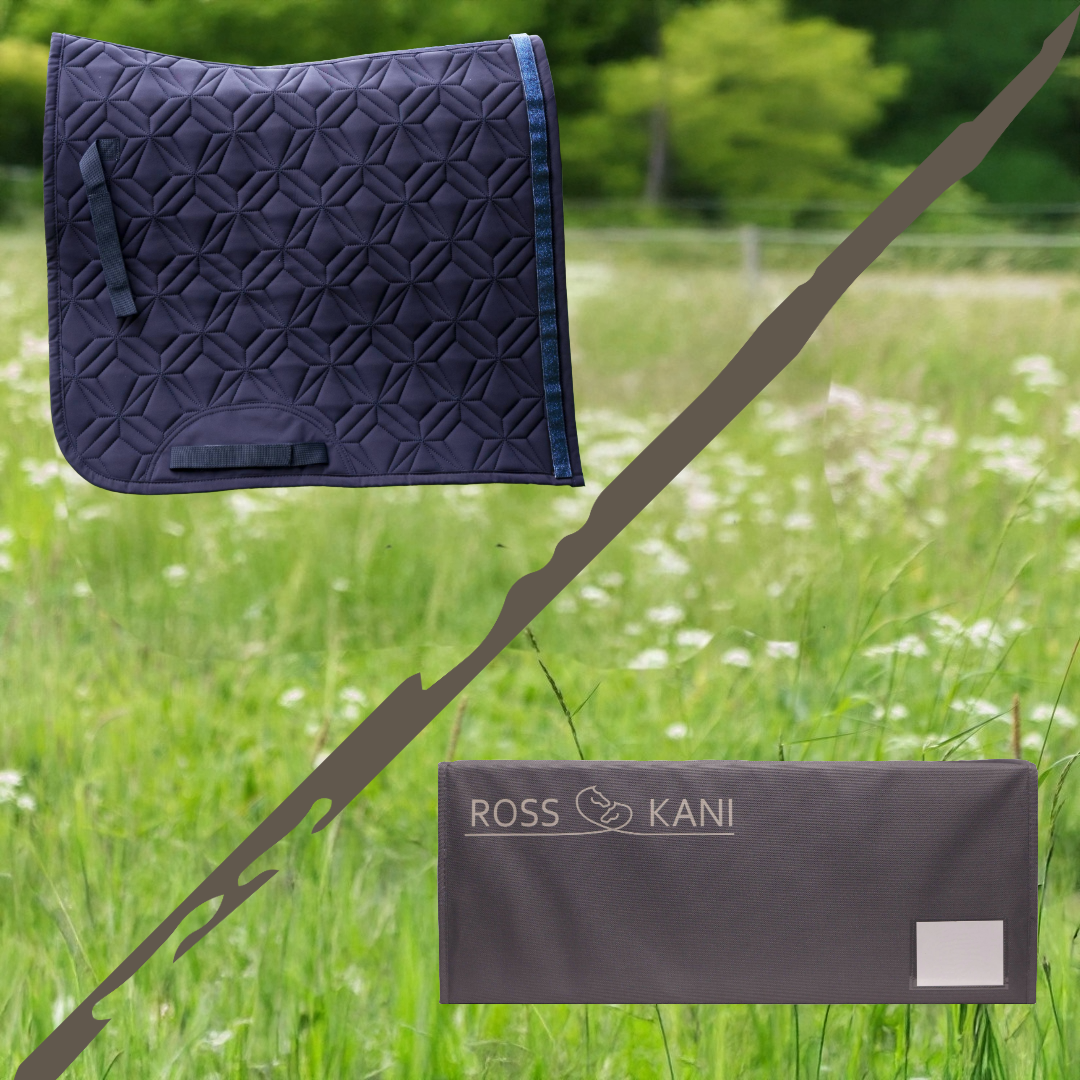 ROSS KANI blaue Dressur-Schabracke mit passender Aufbewahrungsbox – stilvolle Reitutensilien im Set