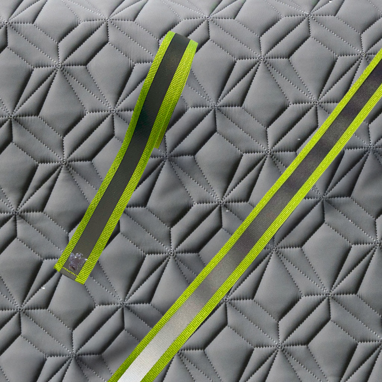 Reflektierende Klettbänder in Neonfarbe mit Schutzengel-Charm auf der grauen Schabracke für den Reitsport – hochwertiges, strapazierfähiges Klettband zur sicheren Befestigung an Schabracken von ROSS KANI, ideal für Sichtbarkeit in der dunklen Jahreszeit.