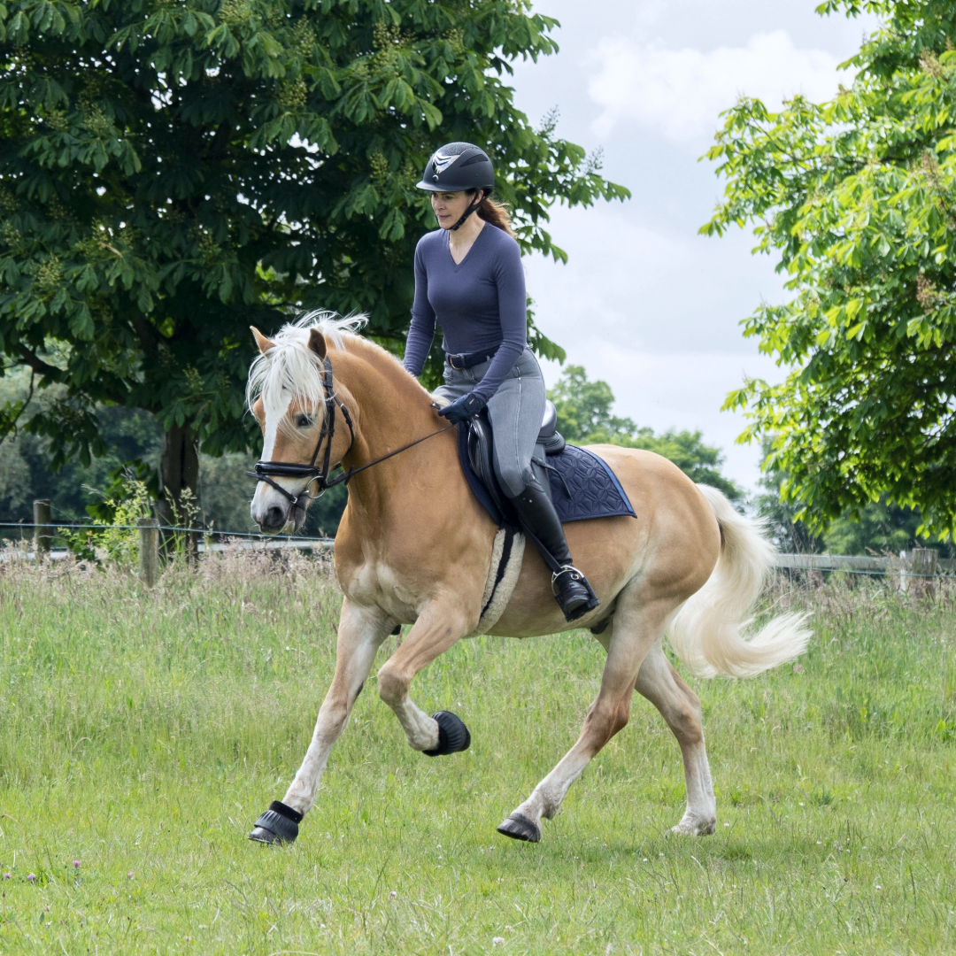 Blaue Spring-Schabracke von ROSS KANI in Aktion – Reiterin auf dem Pferd während eines Ausritts.