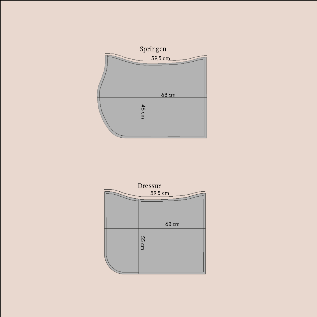 Größentabelle für ROSS KANI Springschabracke – Maße für verschiedene Pferdegrößen.