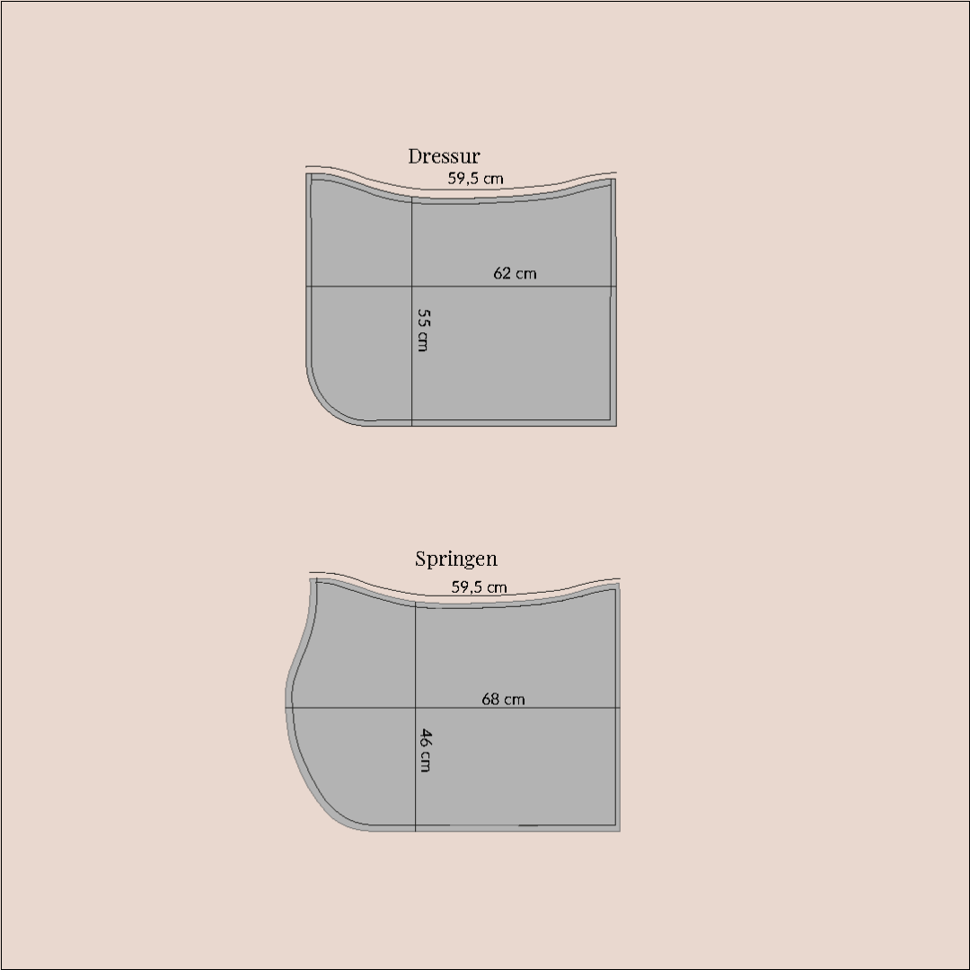 Größentabelle für ROSS KANI Dressur-Schabracke – Maße für verschiedene Pferdegrößen.