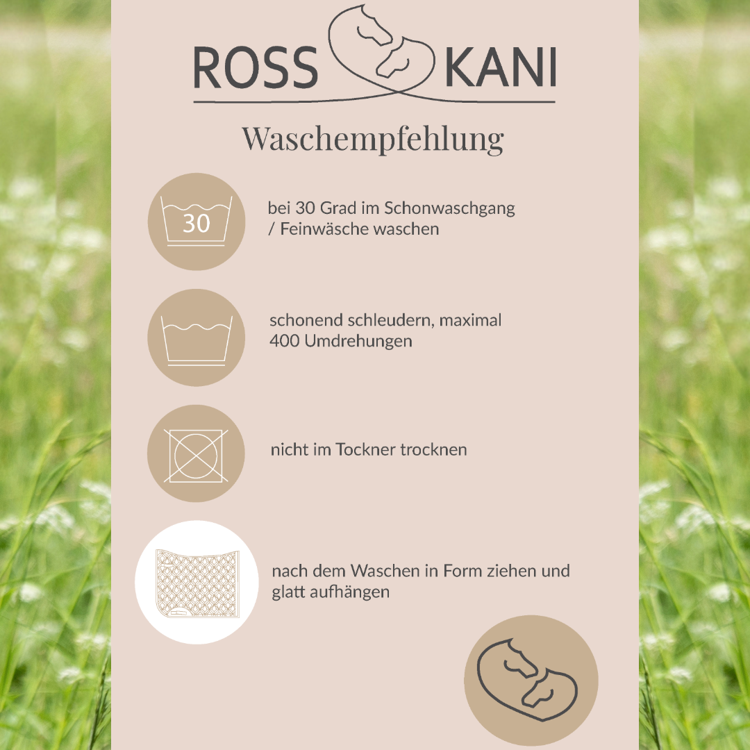 Waschanleitung für Schabracken von ROSS KANI – ROSS KANI Logo, Wäsche Icons.