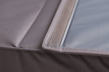 Detailansicht der Klettverschlussklappe einer ROSS KANI Schabrackenbox – zeigt die hochwertige Verarbeitung der Materialien und das saubere Nahtbild.