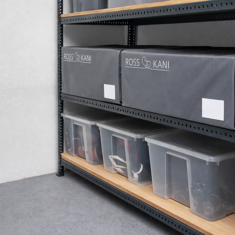 Stabile ROSS KANI Aufbewahrungsbox für 5 Schabracken im Kellerregal - Schutz vor Staub und Schmutz der Schabracken, einfache Ordnung.