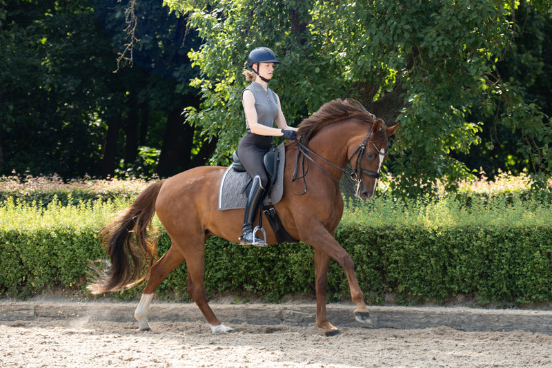 Graue Dressur Schabracken von ROSS KANI in Aktion – Reiterin auf dem Pferd während des Dressur Trainings im Galopp.
