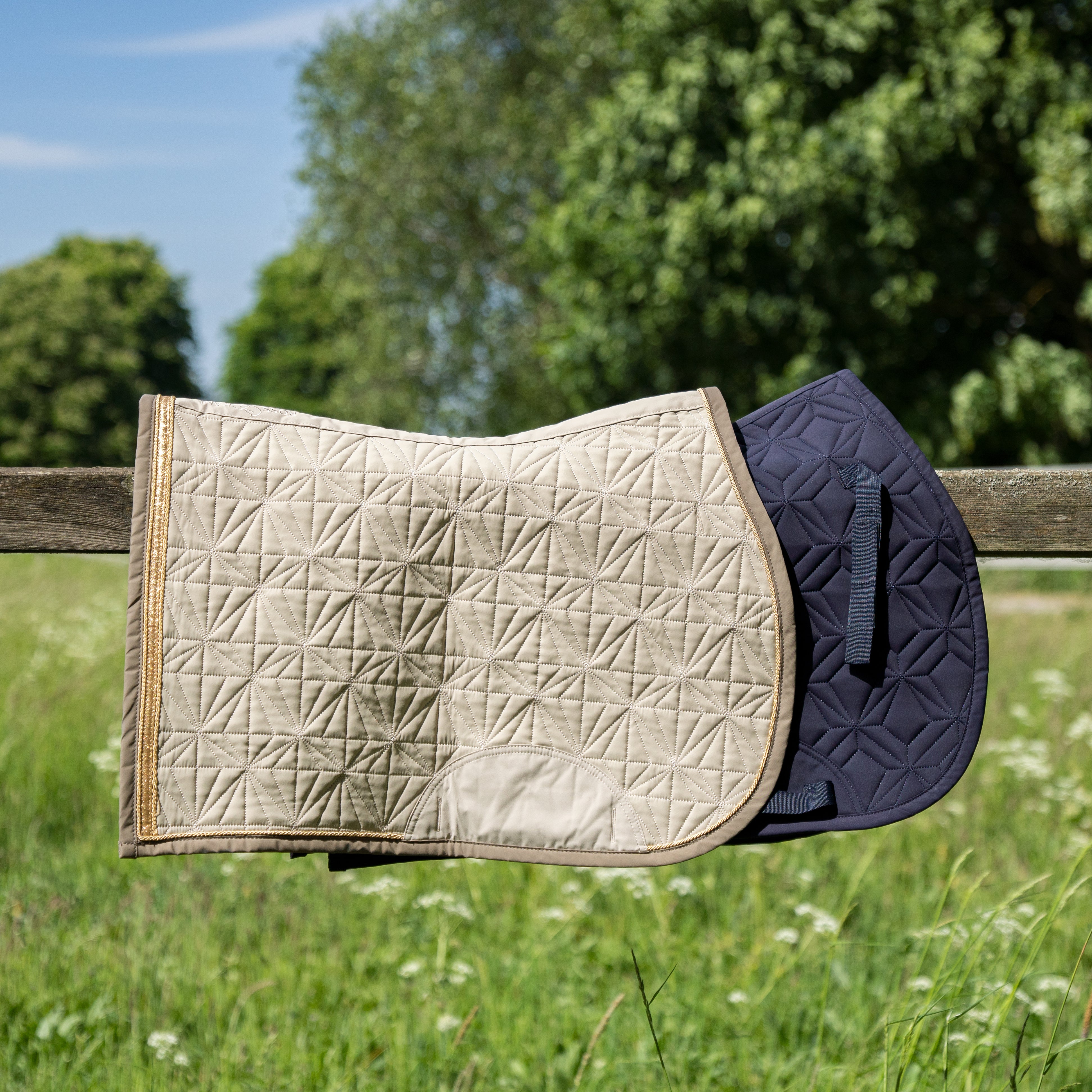 blaue Springschabracke und Cover Springen beige von ROSS KANI in Seitenansicht – passendes Set für jeden Ritt.