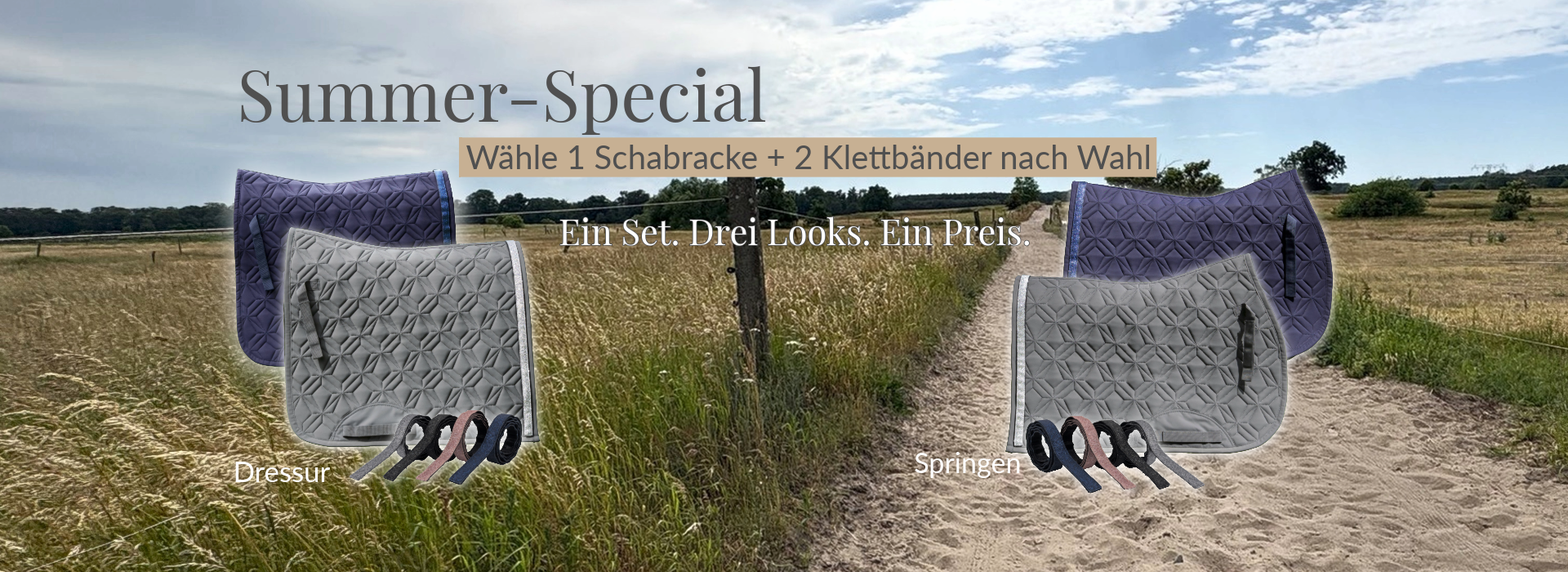 ROSS KANI Summer-Special: gesteppte Schabracken für Dressur und Springen mit zwei wechselbaren Glitzer-Klettbändern nach Wahl