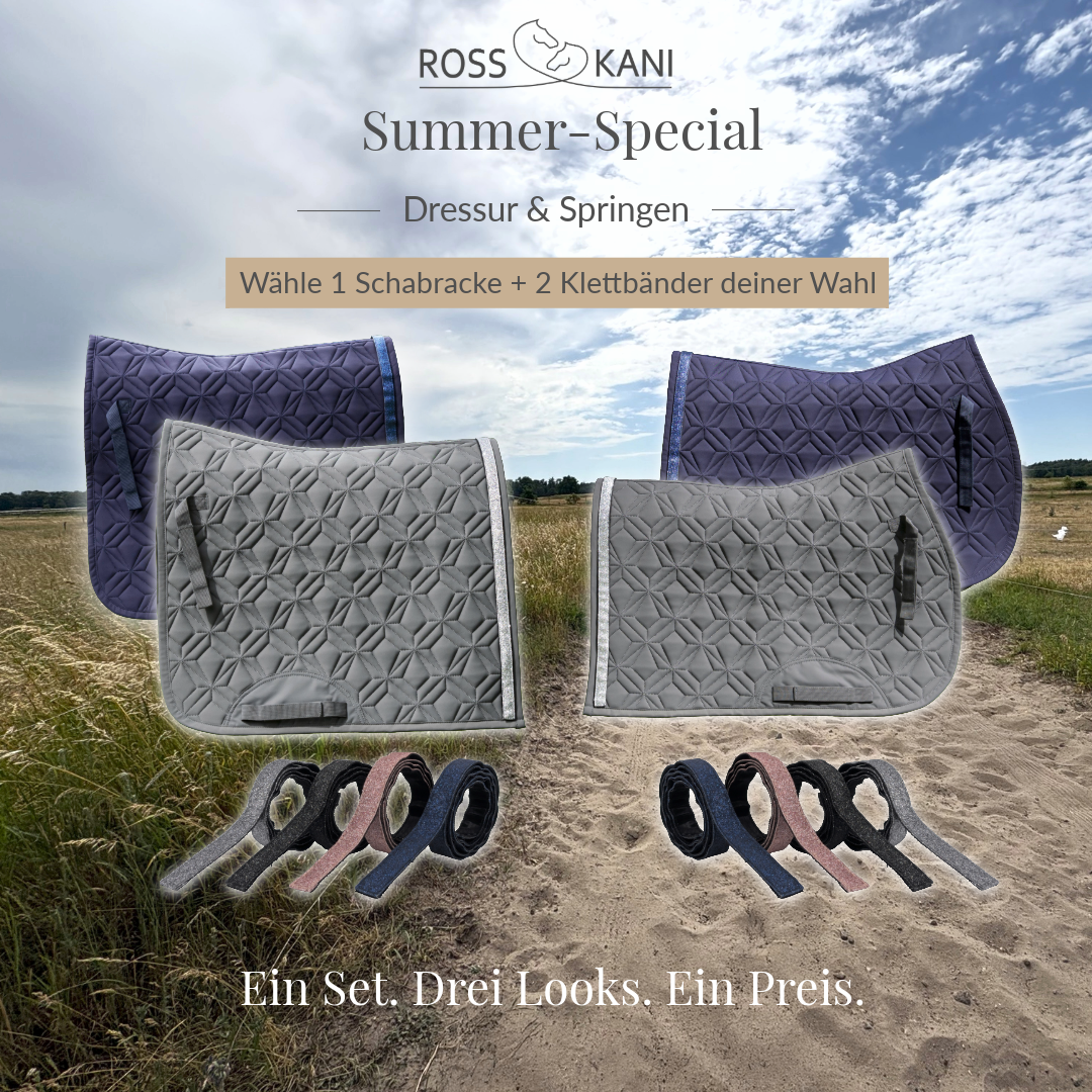 ROSS KANI Summer-Special: gesteppte Schabracken für Dressur und Springen mit wechselbaren Glitzer-Klettbändern