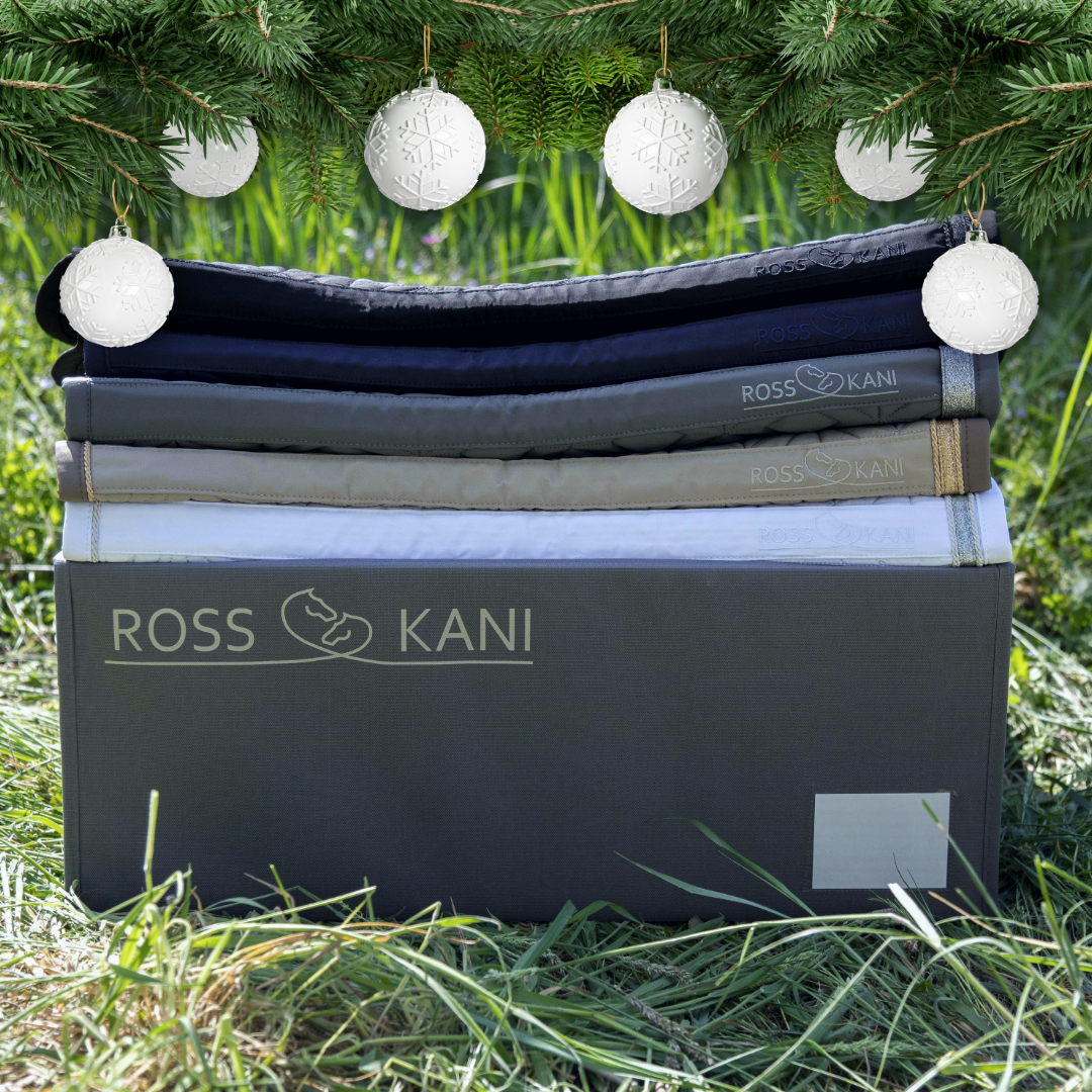 ROSS KANI Aufbewahrungsbox für 5 Schabracken liegt auf einer Wiese, es sind Tannenzweige und weiße Weihnachtskugeln auf dem Bild– wasserfestes Polyester mit Sichtfenster und Klettverschluss