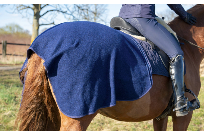 Blaue Schabracke von ROSS KANI mit blauer Ausreitdecke unter dem Sattel auf dem Pferd – funktionaler Look beim Reiten. Man sieht eine blaue Reithose und Jacke in Seitenansicht.