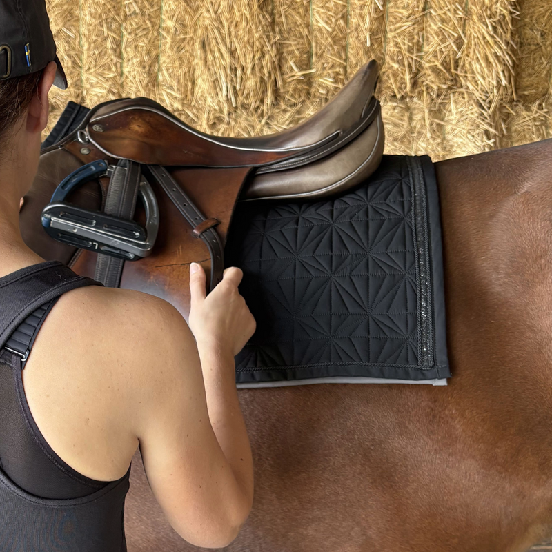Schwarzes Spring-Cover von ROSS KANI unter dem Sattel auf dem Pferd – stilvoller Look beim Reiten. Man sieht eine Reiterin vor dem Pferd, im Hintergrund Stroh.