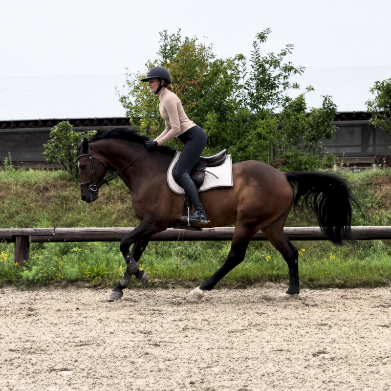 Pferd mit Reiterin im Galopp in Seitenansicht. Die Reiterin trägt eine schwarze Reithose mit beigem Shirt und unter dem Sattel liegt das beiges Spring-Cover von ROSS KANI.