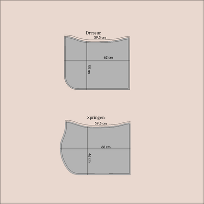 Größentabelle für ROSS KANI Dressur-Schabracke – Maße für verschiedene Pferdegrößen.