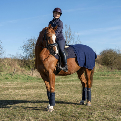 Blaue Ausreitdecke von ROSS KANI auf dem Pferd, kombiniert mit passender Dressurschabracke; Reiterin sitzt im Sattel auf einer Wiese mit wenig Bewuchs, Büsche im Hintergrund.