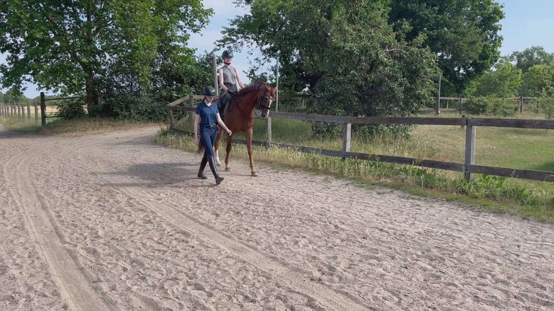 Video laden: Reiterin auf Pferd mit grauer Dressurschabracke von ROSS KANI und blauem Glitzerklettband reitet auf Sandweg entlang eines braunen Holzzauns – begleitet von zweiter Reiterin zu Fuß; im Hintergrund Büsche und grüne Wiese.