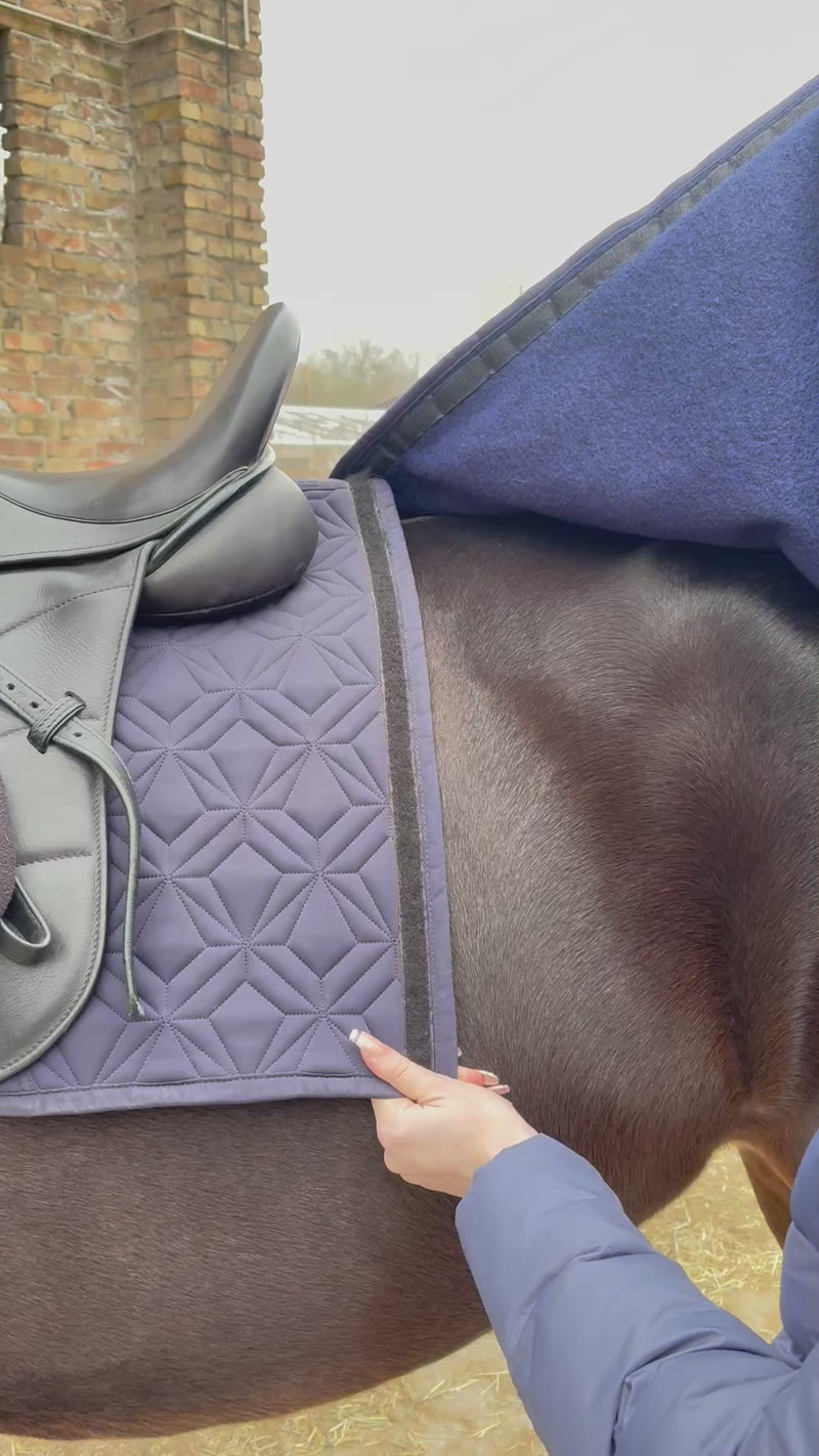 Video: Die blaue Ausreitdecke wird auf die blaue Hauptschabracke von ROSS KANI aufgeklettet. Man sieht eine dunkelbraunes Pferd mit schwarzem Sattel.